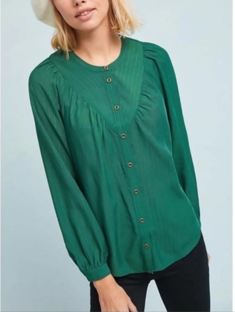 Maeve Anthropologie Avignon Button Down Blouse Green Long Sleeve Rayon Top Large